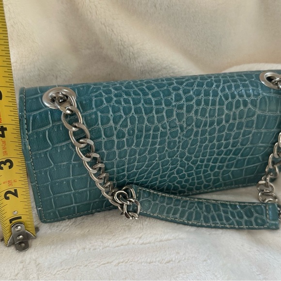 Liz Claiborne Teal Crocodile-Embossed Chain Strap Bag-Vintage Y2K Mini Purse - Picture 6 of 9